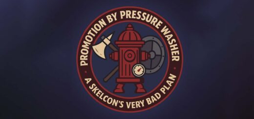 Emblem for Snout Spout short story “Promotion by Pressure Washer,” showing a red fire hydrant with legs, crossed axe and shield, and a pressure gauge in a fantasy-style badge.