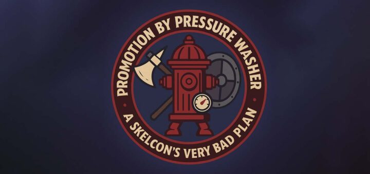 Emblem for Snout Spout short story “Promotion by Pressure Washer,” showing a red fire hydrant with legs, crossed axe and shield, and a pressure gauge in a fantasy-style badge.
