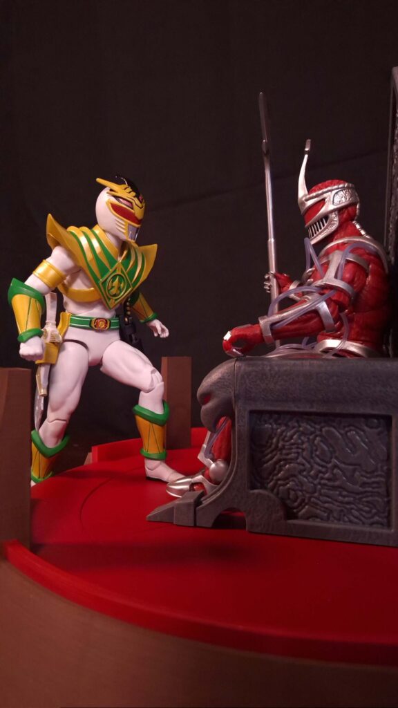 Lord Drakkon confronting Lord Zedd on his throne at Bandora’s Palace in a dramatic Power Rangers toy photography scene.