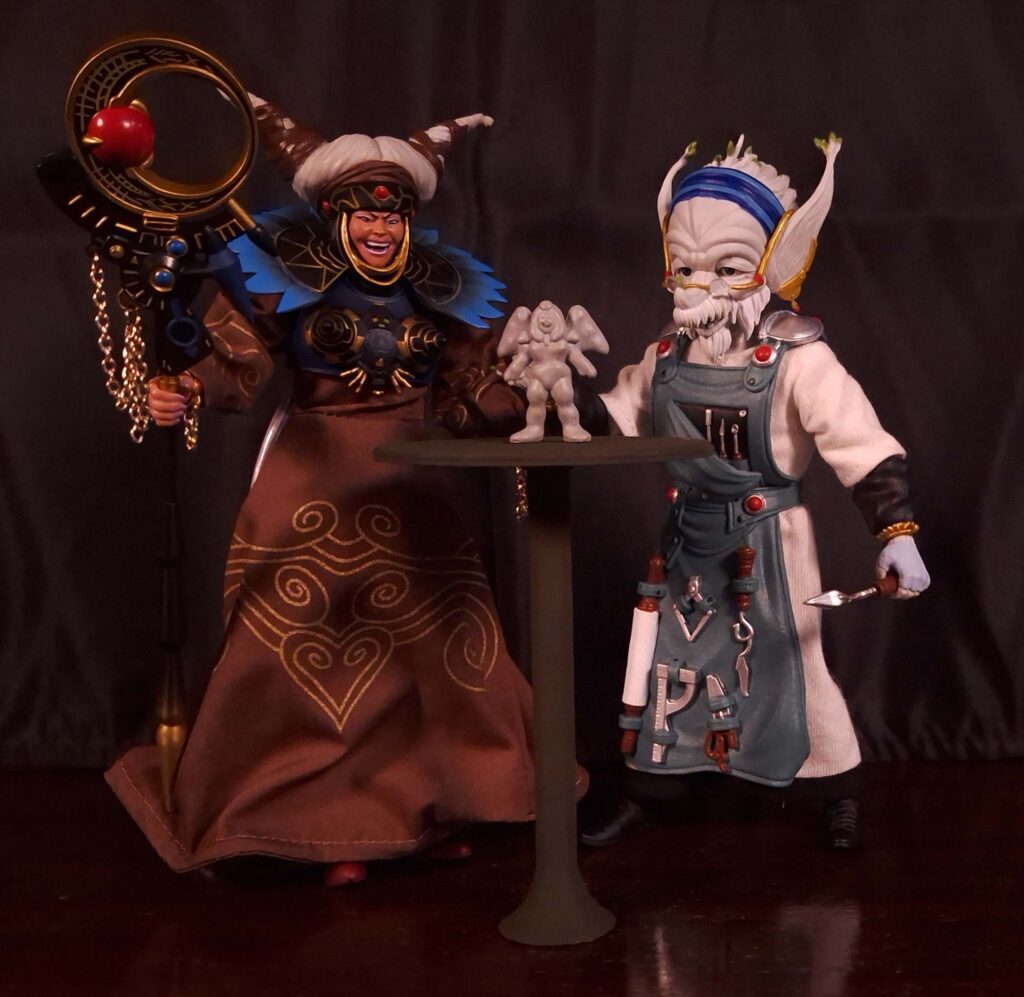 Rita Repulsa inspects King Sphinx on Finster’s work table. No claws. No cannons. Just riddles, pride, and a very satisfied queen.