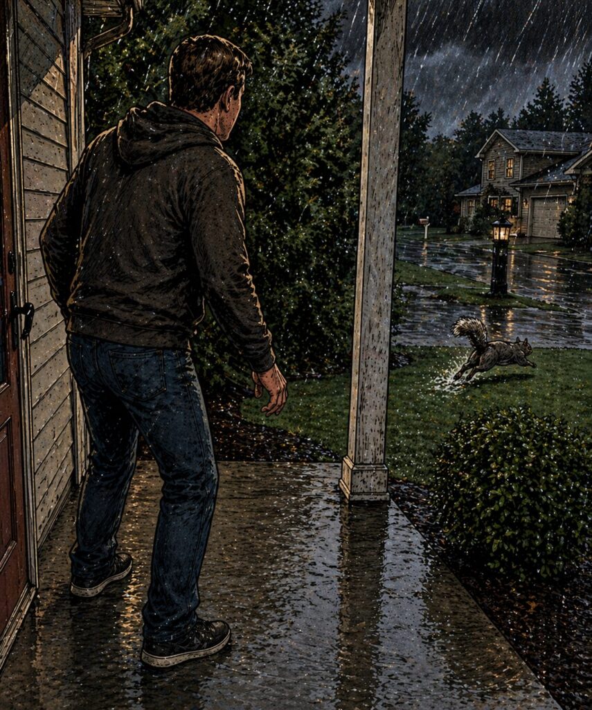 A gritty comic book style illustration of a wet squirrel sprinting away across a rain-soaked yard while a man watches from the porch in amused disbelief.