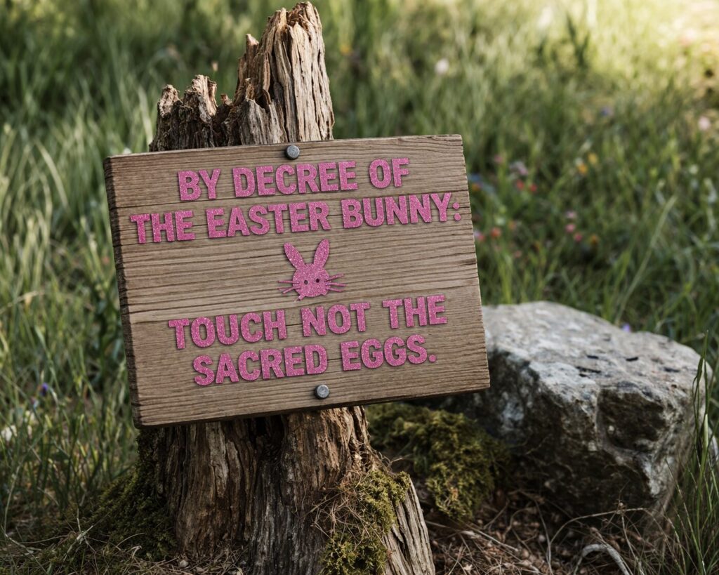 By decree of the Easter Bunny: the sacred eggs are protected—and the warning is not decorative.