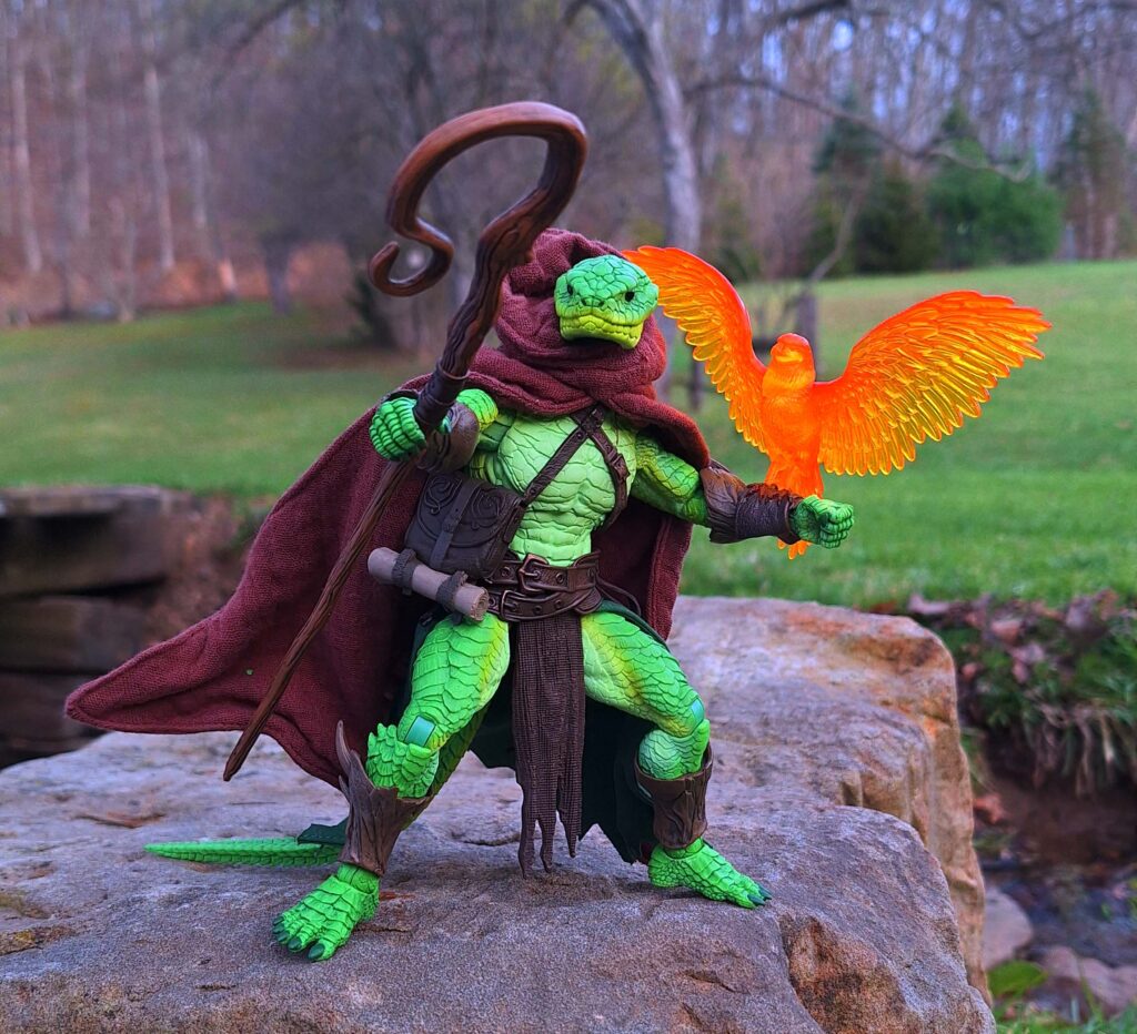 Vernaliss Ardenscale standing on stone with Pyralis in a Mythoss fantasy short story scene