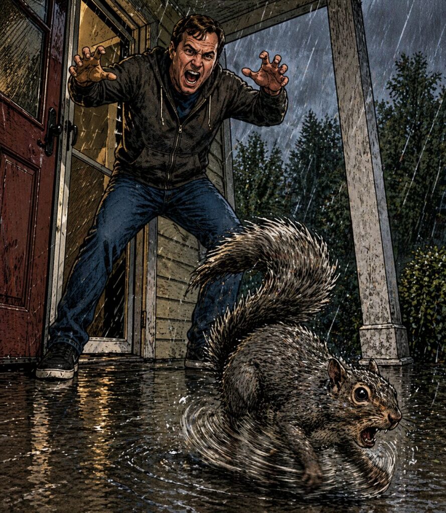 A gritty comic book style illustration of a man bursting onto a rainy porch while a startled wet squirrel frantically runs in place on the slick concrete floor.