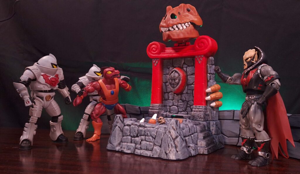 Horde Troopers restrain Clawful inside the Fright Zone as Clawful looks at the Slime Pit with fear.